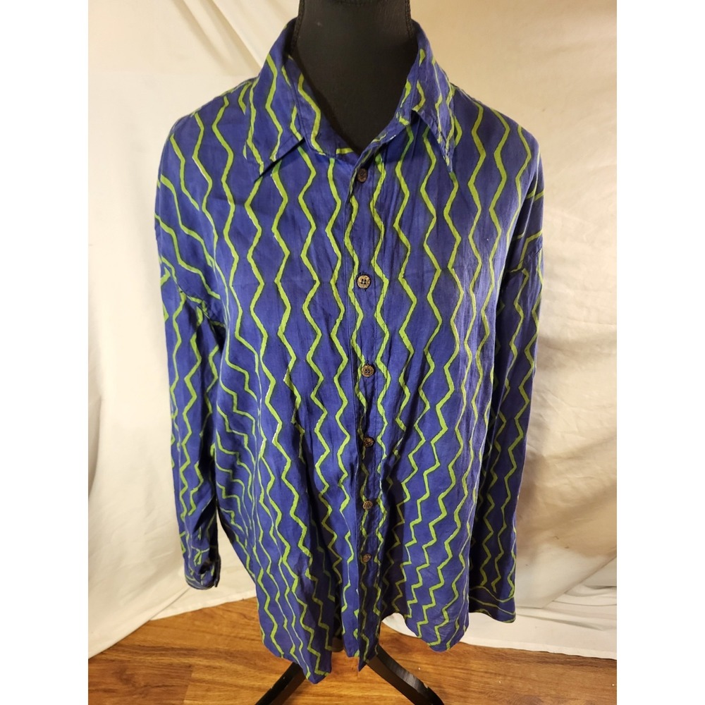Anokhi Size Small Blue & Green Geometric 100% Cotton Button Up Blouse L/S